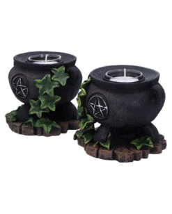 Hexenkessel Mit Efeu Kerzenhalter 2er Set -Halloween Dekorations Geschäft hexenkessel mit efeu teelichthalter 2er set witches cauldron with ivy candle holder halloween tischdeko 51064 02