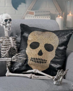 Totenschädel Wendepailletten Kissen Schwarz Gold